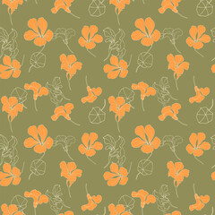 Seamless pattern with nasturtium flowers on green background. Hand-drawn orange flowers for wedding, fabric, invitation or greeting card. 