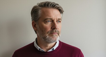 Portrait of a man with gray hair and beard wearing a red sweater looking off to the side