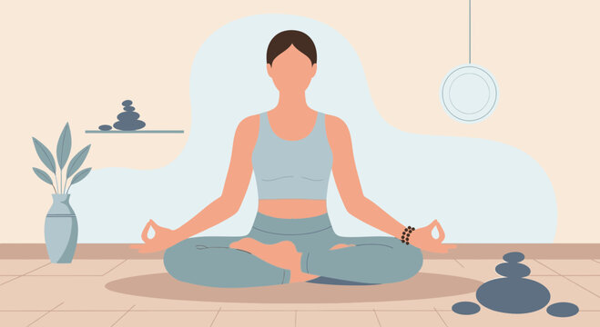 Serene Yoga Practice Woman Meditating In Lotus Position At Home Minimalistic Design
