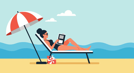 Fototapeta premium Woman Reading And Relaxing On The Beach Under Parasol During Summer Holiday