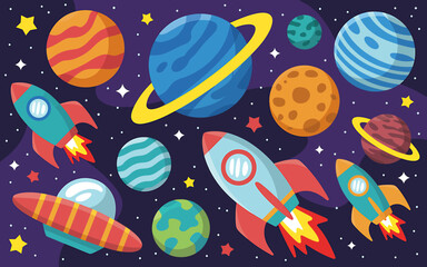 Naklejka premium Colorful cartoon space scene with planets and rockets