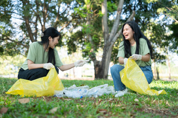 Volunteers show social responsibility by working together to recycle plastic, creating friendly community. Their teamwork help support sustainable environment for future generations. Volunteer concept