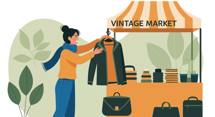 Smiling Woman Shopping For Vintage Clothes At Local Flea Market