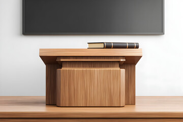 Wooden Podium with Books on a Table Against a Blank Wall