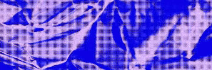 Blue and purple halftone crumpled paper background. Old paper sheet in neon acid color. Noise, dust filter, gritty overlay layered. Vector backdrop.