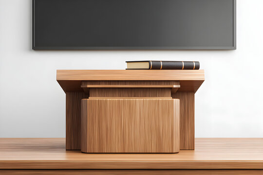 Wooden Podium with Books on a Table Against a Blank Wall - Powered by Adobe