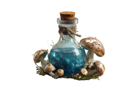 Glass bottle with blue liquid and mushrooms.