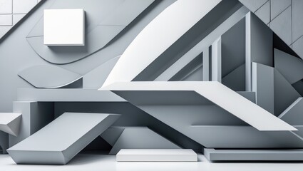 Abstract modern geometric wall design with various shapes and shades of gray.