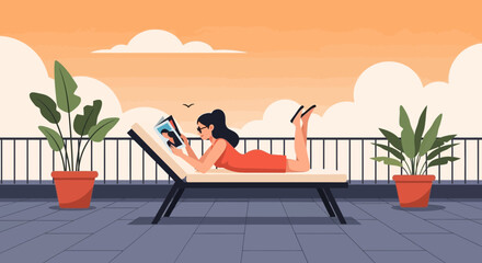 Obraz premium Relaxing On A Rooftop: A Woman Enjoying Leisure Time With A Book