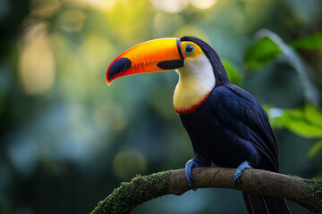 Fototapeta premium Exotic toucan perched in a vibrant tropical jungle with colorful feathers and lush nature