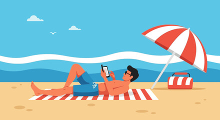 Relaxing On The Beach With Mobile Device In Tropical Summer Vacation