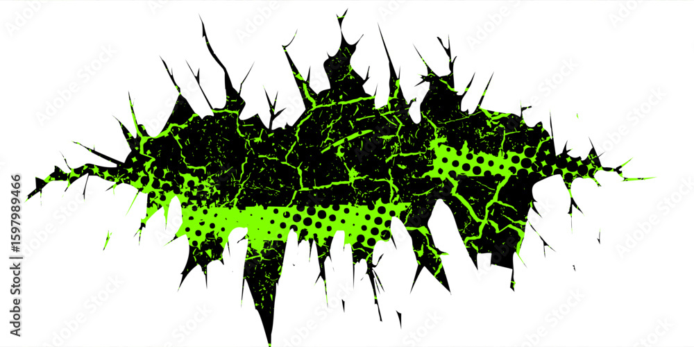 Poster grunge crack vector with green halftone dots and sharp abstract edges on white background
