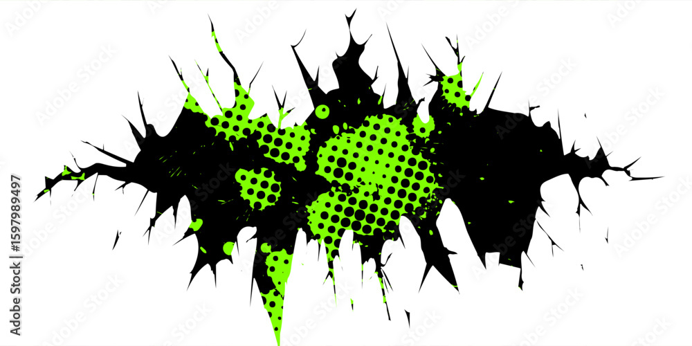 Aufkleber grunge crack vector with green halftone dots and sharp abstract edges on white background