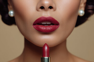 Obraz premium Luscious lips with red lipstick, complemented by elegant pearl earrings, exudes confidence and timeless glamour. Ready for a night out!