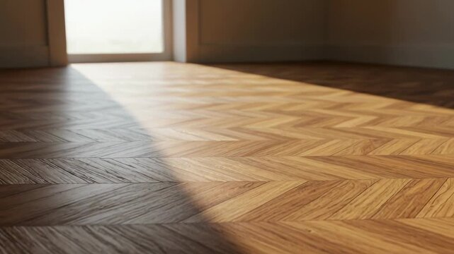 Herringbone wood floor with sunlight and shadow. Close-up of a beautiful parquet floor in an empty room. Modern interior design background.