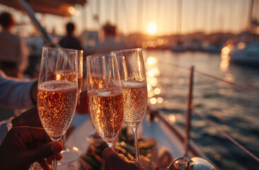 Glasses of champagne on a yacht at sunset. Luxury holiday concept.