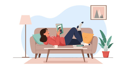 Fototapeta premium Woman Relaxing At Home Reading A Book On The Couch In Her Living Room