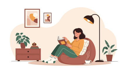Woman Relaxing At Home Reading Book In Cozy Armchair Leisure Activity