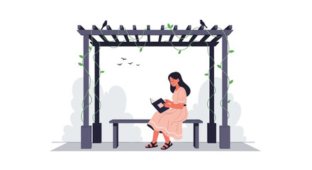 Woman Enjoying Literature In A Tranquil Arbor Reading On A Sunny Day