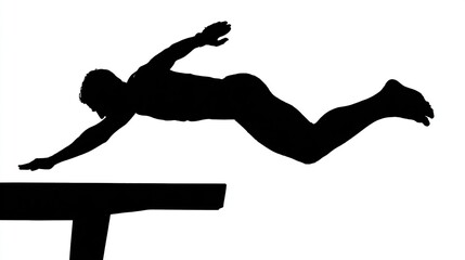 Silhouette of a swimmer diving off block in mid-air against a white backdrop