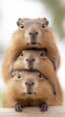 Obraz premium Stack of capybara rodents showcasing cute expressions in natural wildlife environment