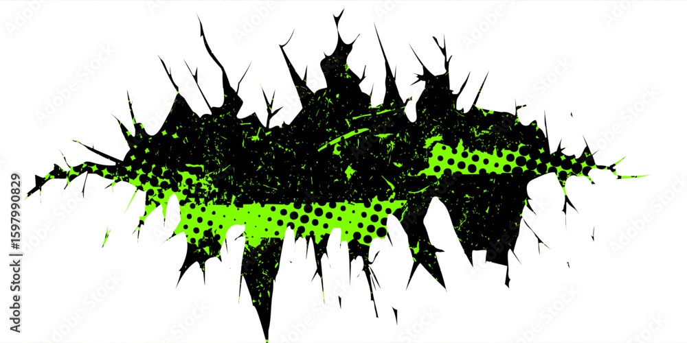 Poster grunge crack vector with green halftone dots and sharp abstract edges on white background