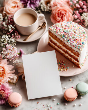 Cup of coffee, macaroon cake and blank cardle table