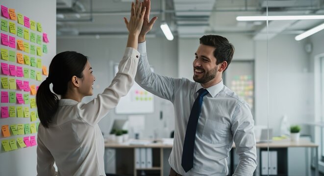Two colleagues giving each other a high five in a modern office filled with colorful sticky notes, celebrating a successful project, stock photography style.