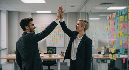 Two business partners celebrating success with a high five in an office with sticky notes on the wall, stock photography style.