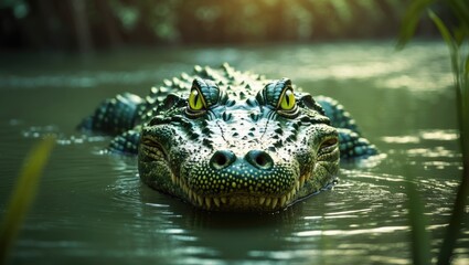 Obraz premium A crocodile with two small crocodiles on its back in a waterway. Wildlife and nature, animals and reptiles, aquatic life. The scene of a crocodile with hatchlings in a natural habitat