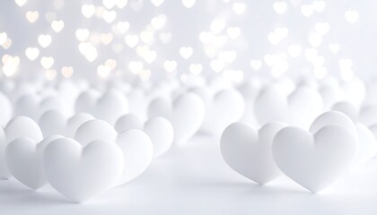 Romantic background with a field of pure white hearts on a bright surface, featuring soft glowing heart-shaped bokeh lights.