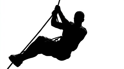 Silhouette of a man climbing a rope with hands and feet against a bright white background