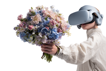 Young woman in VR headset holds pastel bouquet.