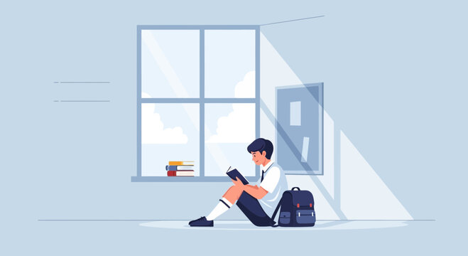 Student Reading Book Leaning Against Wall Next To Window With Sunlight Shining In