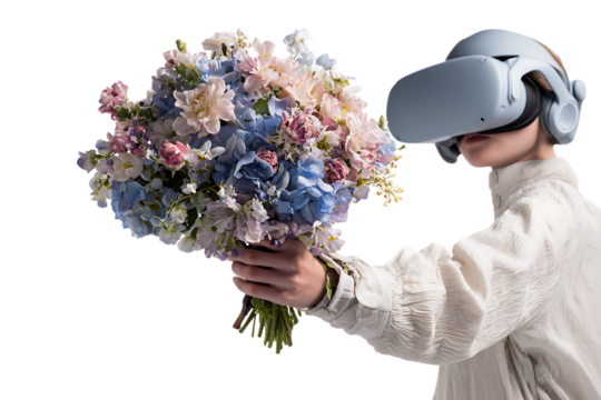 Young woman in VR headset holds pastel bouquet.