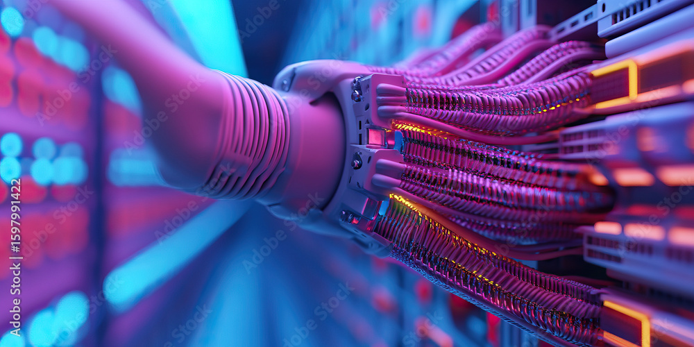 Aufkleber robotic arm connected to server rack with neon lighting