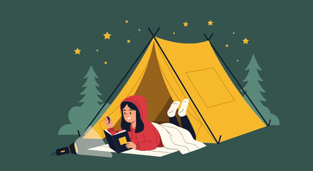 Woman Enjoying Reading Under Stars Inside a Camping Tent at Night