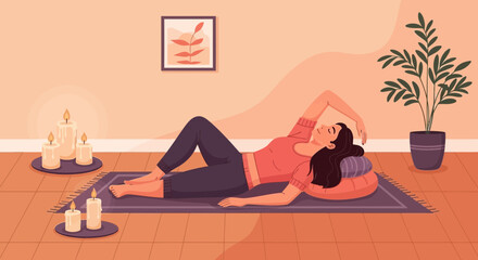 Obraz premium Woman Relaxing With Candles During Yoga Session For A Peaceful Mindfulness Moment
