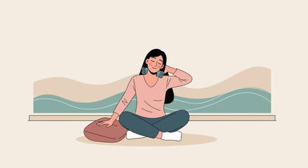 Fototapeta premium Woman Relieving Neck Pain With Ice Packs While Sitting Comfortably At Home