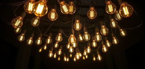 Many light bulbs illuminate a dark space, connected by wires,  solution,  bulbs