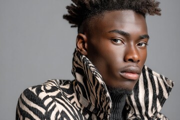 Young black male fashion model wearing a zebra print jacket. Generative Ai