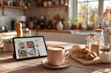 Cup of coffee and tablet with recipe on screen in modern kitchen