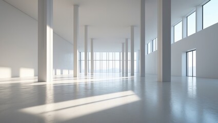 An empty modern interior space with large windows, white walls, and natural light, showcasing an open plan and minimalist design.