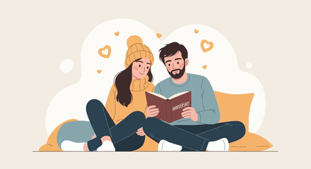 Romantic Anniversary Couple Reading Book Together On Pillows With Hearts