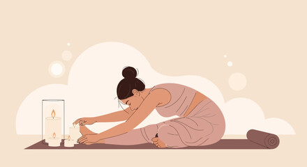 Fototapeta premium Woman Stretching During Candlelit Yoga Practicing Mindfulness And Relaxation