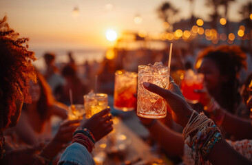 Group of friends having fun on a beach at sunset, drinking beer and having fun