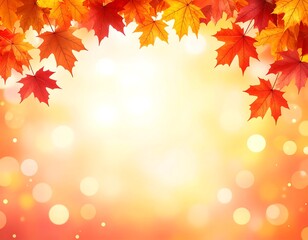 Fototapeta premium Seasonal autumn design featuring a vibrant frame of colorful maple leaves against a warm, golden, and glowing bokeh background.