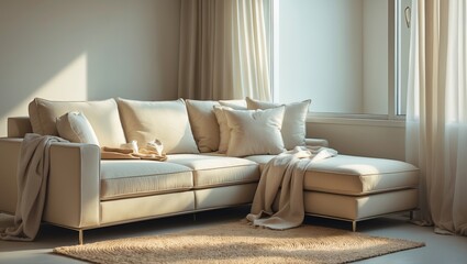 Fototapeta premium A cozy living room corner featuring a beige sofa with cushions, soft natural light, and flowing curtains creating a warm, inviting atmosphere.