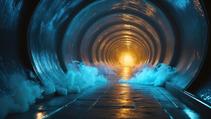 Futuristic tunnel with light at the end and clouds at the entrance. Architecture and technology, concept. Portal and passageway, innovation and exploration concept.