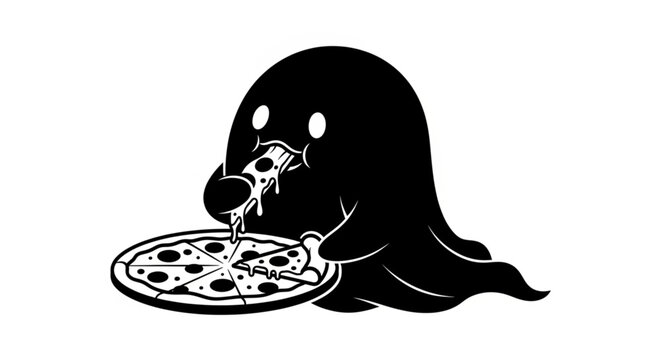 Black Ghost Eating Pizza – Spooky-Cute Silhouette Vector Illustration for Halloween & Food